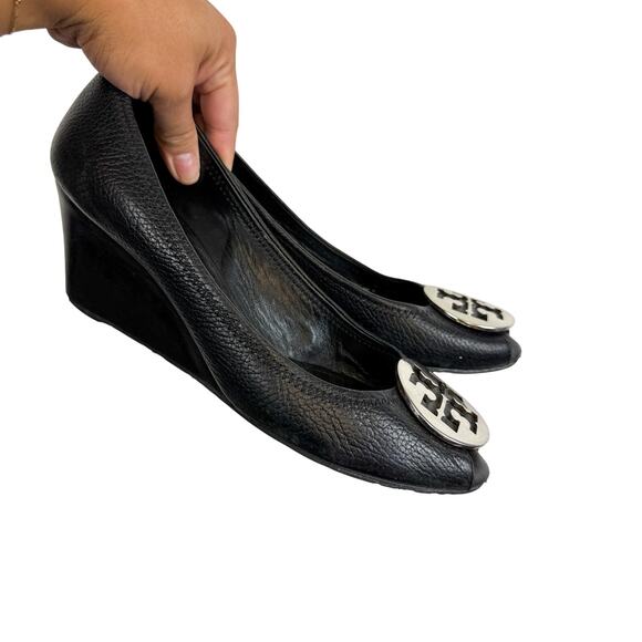 Tory Burch Sally Wedge Heels Peep Toe Black Silver - 9.5 - Picture 1 of 10